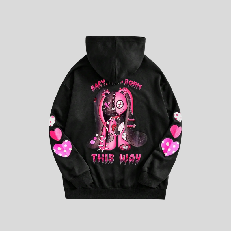Streetwear Hoodie - Black Unisex Hoodie with Pink Cartoon Print and Hearts