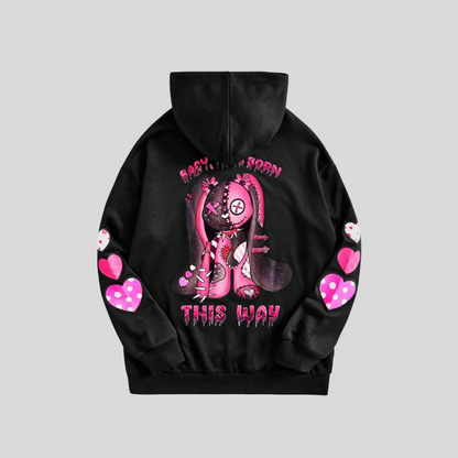 Streetwear Hoodie - Black Unisex Hoodie with Pink Cartoon Print and Hearts
