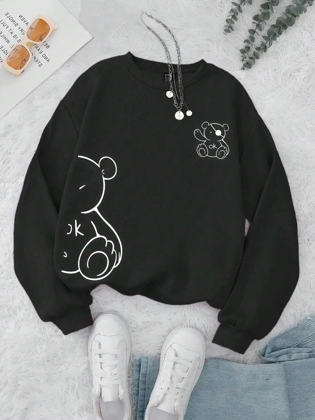 Unisex Cat Sweater – Minimalist Oversized Sweater with Cat Line Print