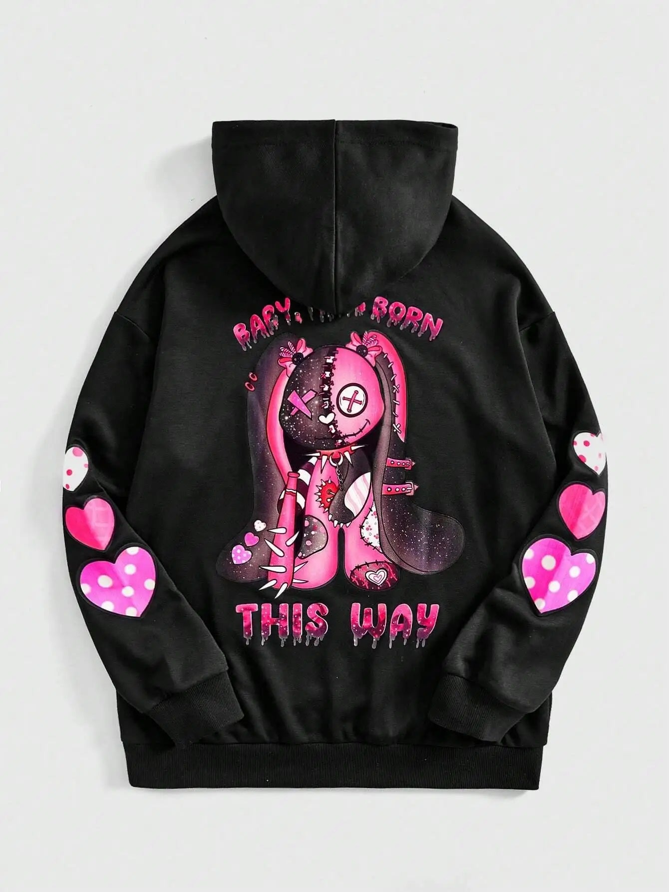 Streetwear Hoodie - Black Unisex Hoodie with Pink Cartoon Print and Hearts