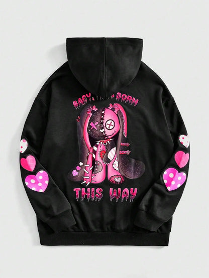 Streetwear Hoodie - Black Unisex Hoodie with Pink Cartoon Print and Hearts